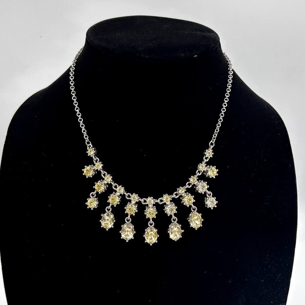 Vintage Rhinestone Bib Necklace Champagne Crystal Style Silver Tone Jewelry